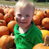 A young boy in green shirt surrounded by pumpkins.