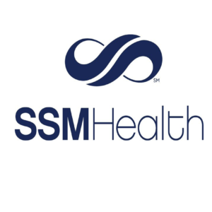 A blue and white logo of ssm health