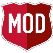 A red shield with the word mod in it.
