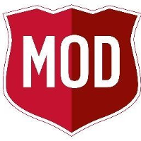 A red shield with the word mod in it.