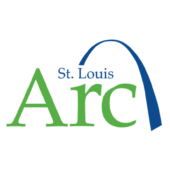 Arc logo St. Louis in small blue font with a larger green Arc spelled out a blue arch drapes over the words