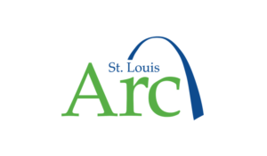 Arc logo St. Louis in small blue font with a larger green Arc spelled out a blue arch drapes over the words
