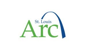 Arc logo St. Louis in small blue font with a larger green Arc spelled out a blue arch drapes over the words