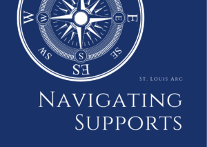 A blue and white logo with a compass on it.