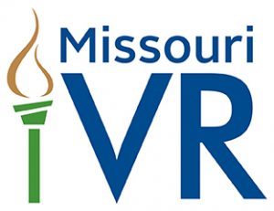 Logo of name Missouri Vocational Rehab with a green torch and gold flame