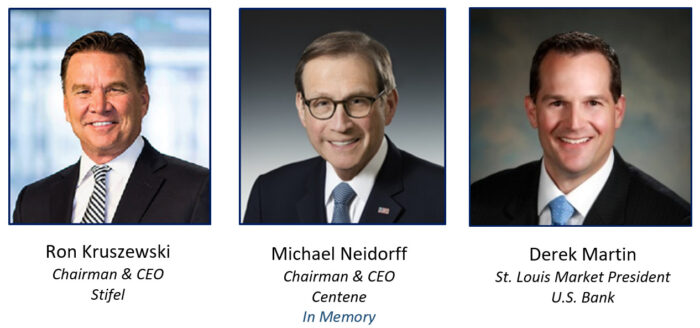 headshots of three men in suits from left to right, Ron Kruszewski Chairman and CEO Stifel, Michael Neidorff Chairman and CEO Centene (in memory), Derek Martin St. Louis Market President U.S. Bank