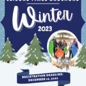 blue snow background with word Leisure Times Brochure Winter 2023 typed out. Images of pine trees covered in snow.